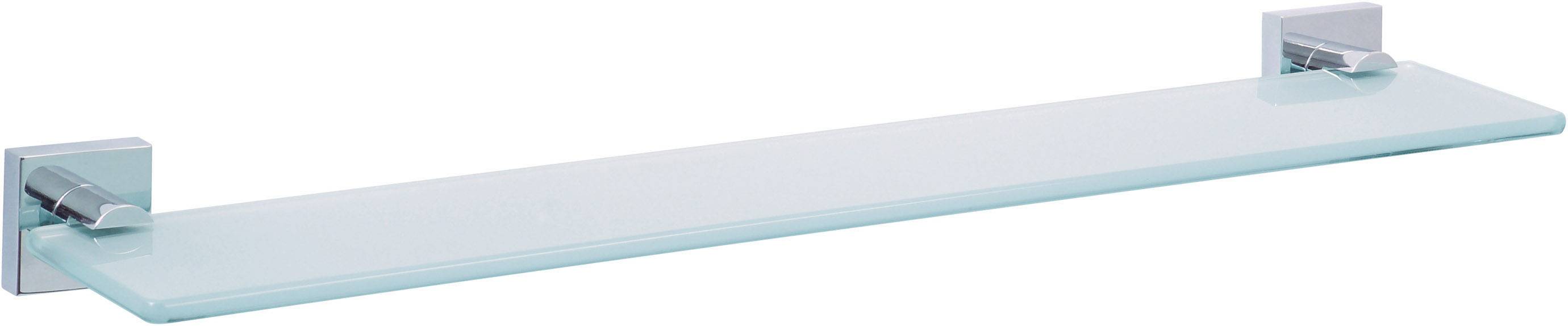 Étagère murale en verre transparent avec supports rectangulaires argentés, adaptée au rangement dans la salle de bain ou l'espace de vie.