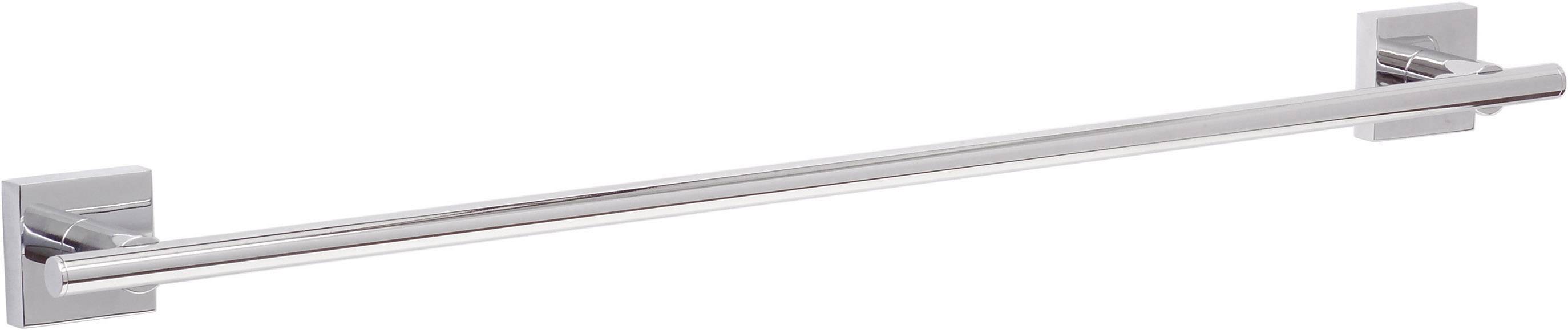 Un porte-serviettes en métal argenté, fixé à deux supports carrés, adapté pour les salles de bain.