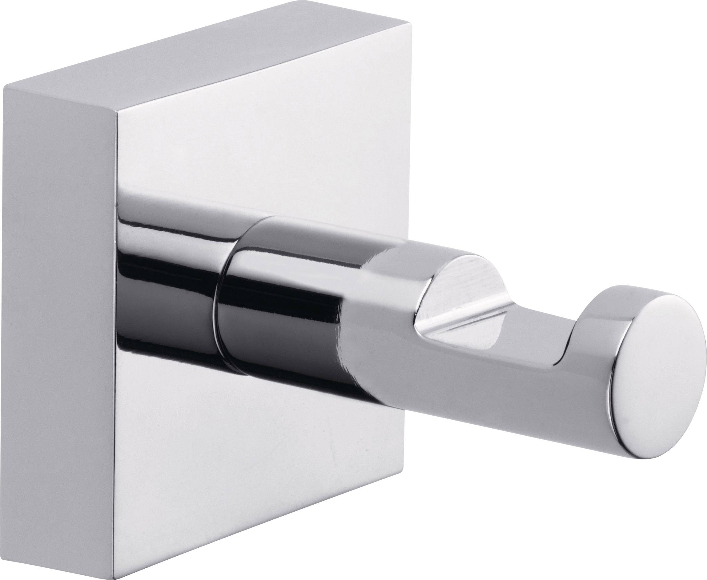 Crochet mural chromé individuel avec plaque de fixation carrée, surface brillante, adapté pour les serviettes ou les vêtements.