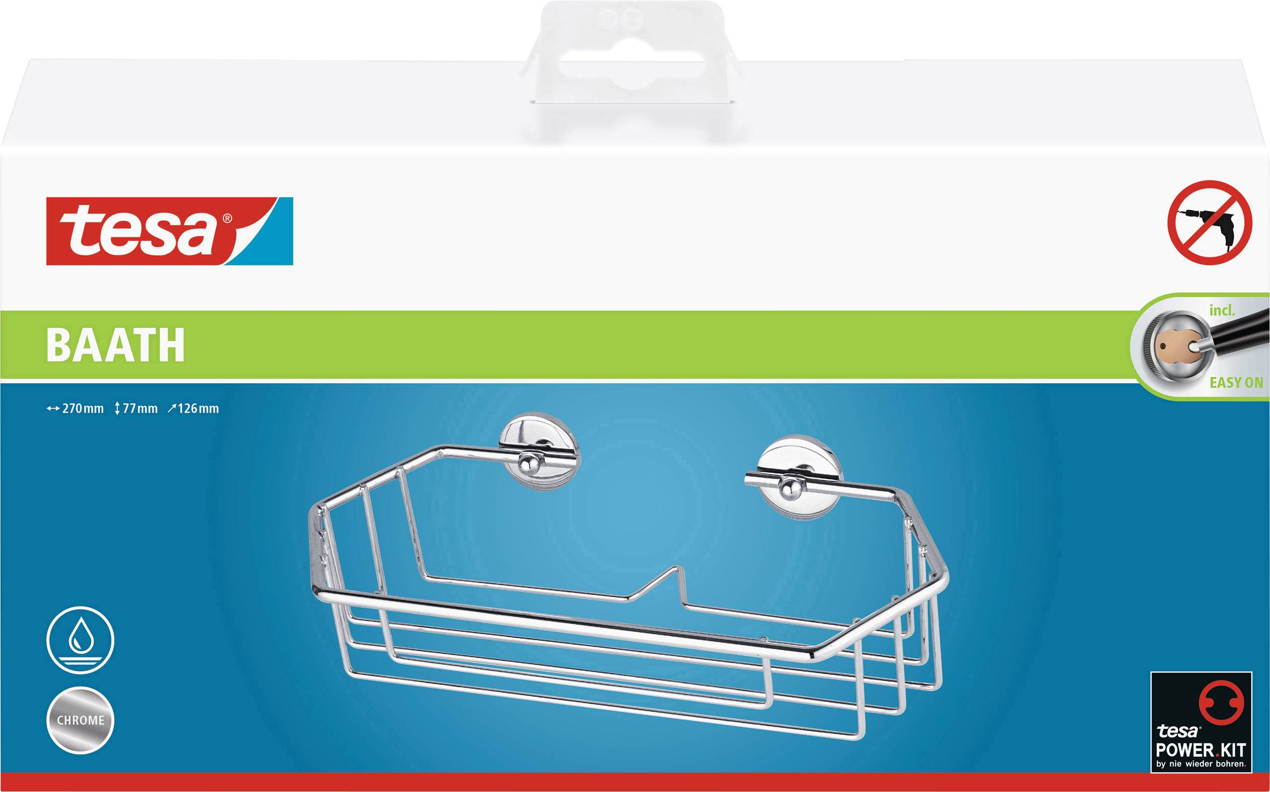 'Emballage d'un panier de douche tesa BAATH avec système de fixation murale Easy-On, illustré en chrome avec des symboles de protection contre l'eau et la rouille.'