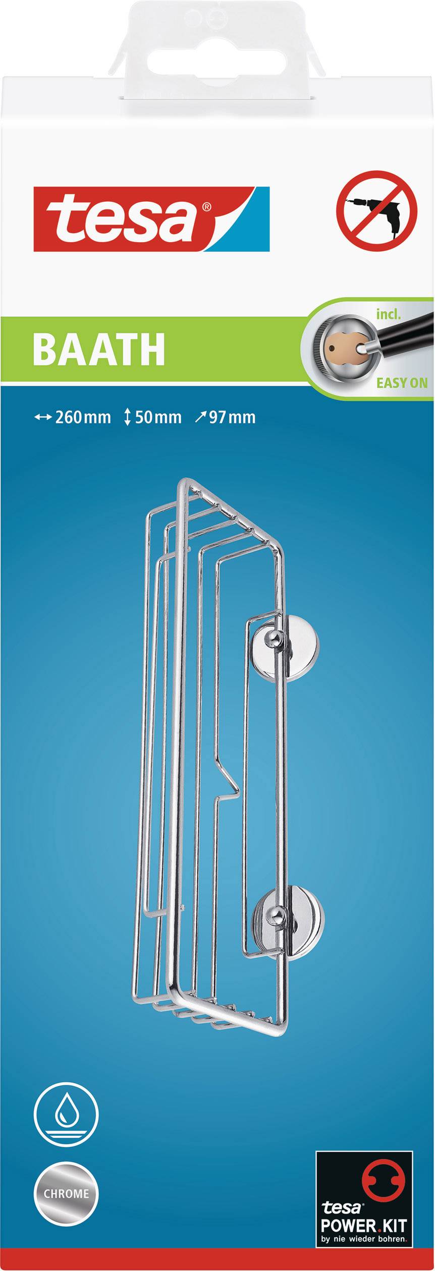 Emballage d'un support de panier de douche Tesa 'BAATH' avec système 'Easy On', aspect acier, dimensions : 260x50x97 mm. Montage sans outil.