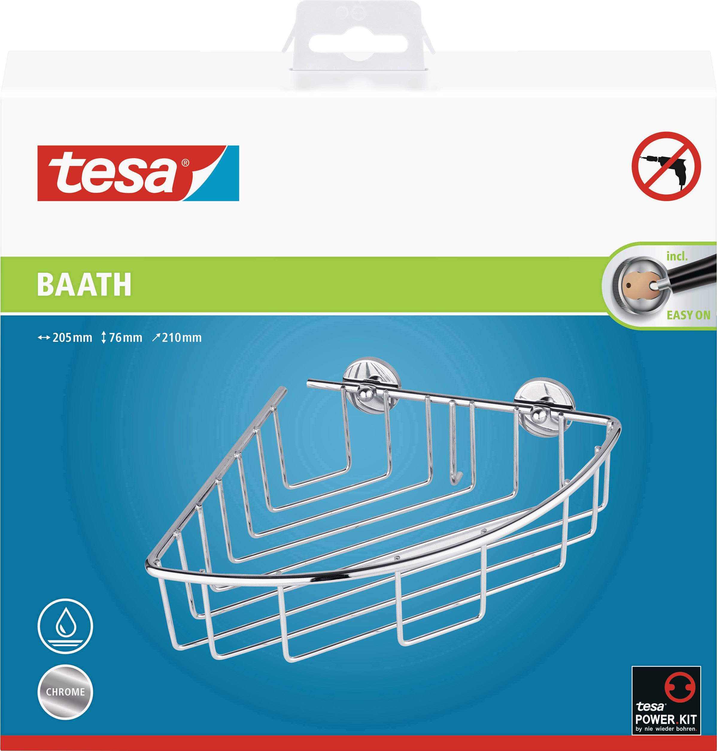 Tablette de douche tesa, modèle 'Baath', en métal chromé, installation facile sans perçage, dimensions : 205 x 76 x 210 mm.