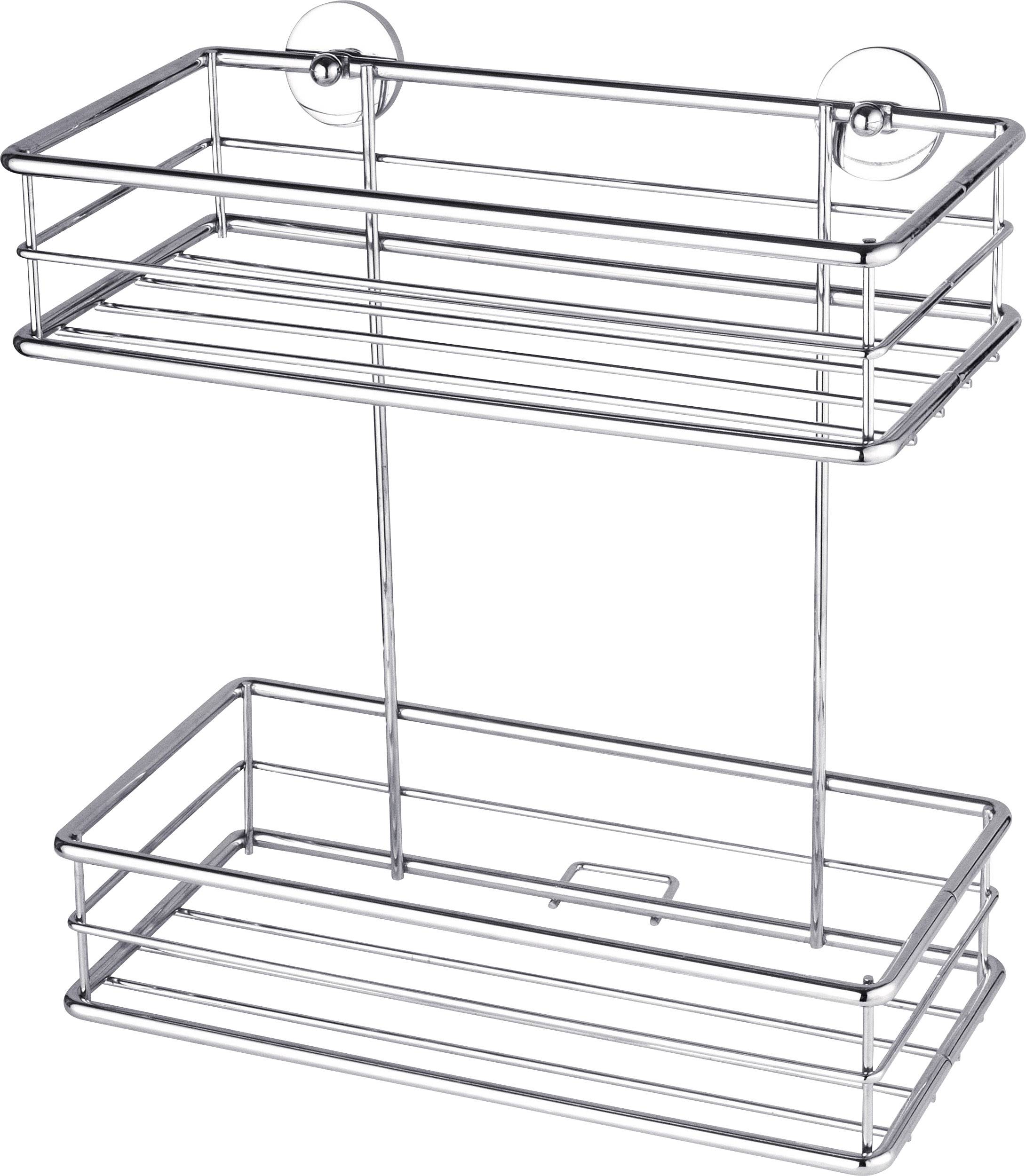 Une étagère de douche murale en argent à deux niveaux, avec un design en grillage métallique et deux ventouses rondes pour la fixation.