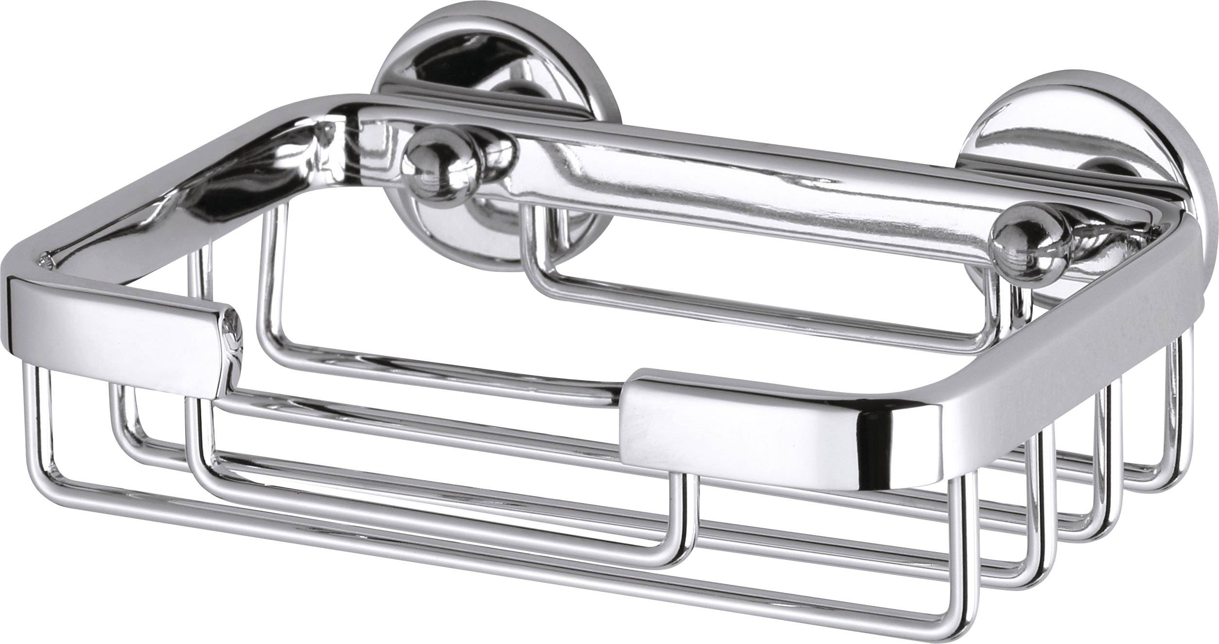 Un panier de douche rectangulaire chromé pour montage mural. Idéal pour ranger le savon ou les accessoires de douche.