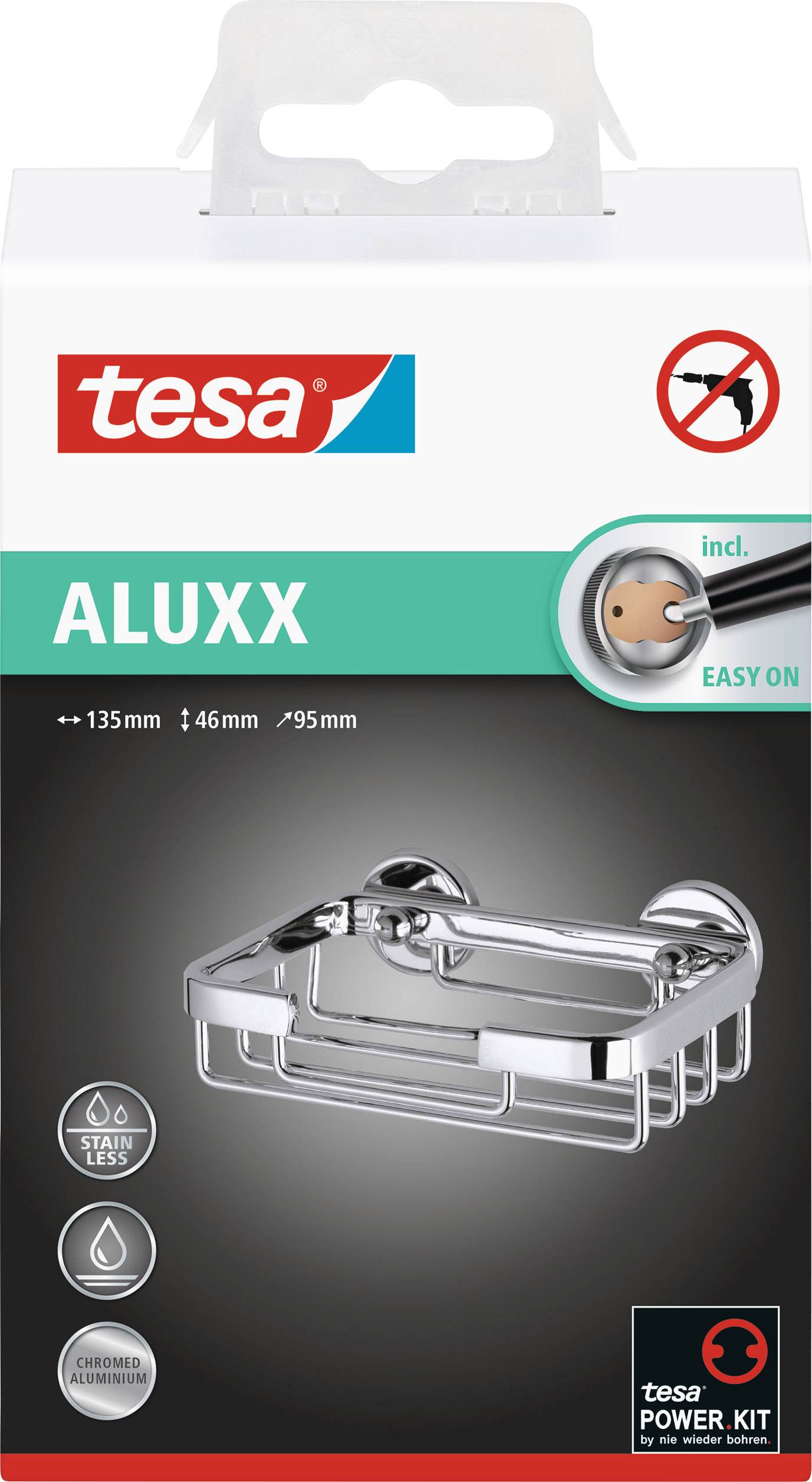 Emballage d'un porte-savon Tesa-Aluxx en acier inoxydable avec illustration du produit et icônes représentant ses caractéristiques telles que la résistance à la rouille et la facilité de montage.