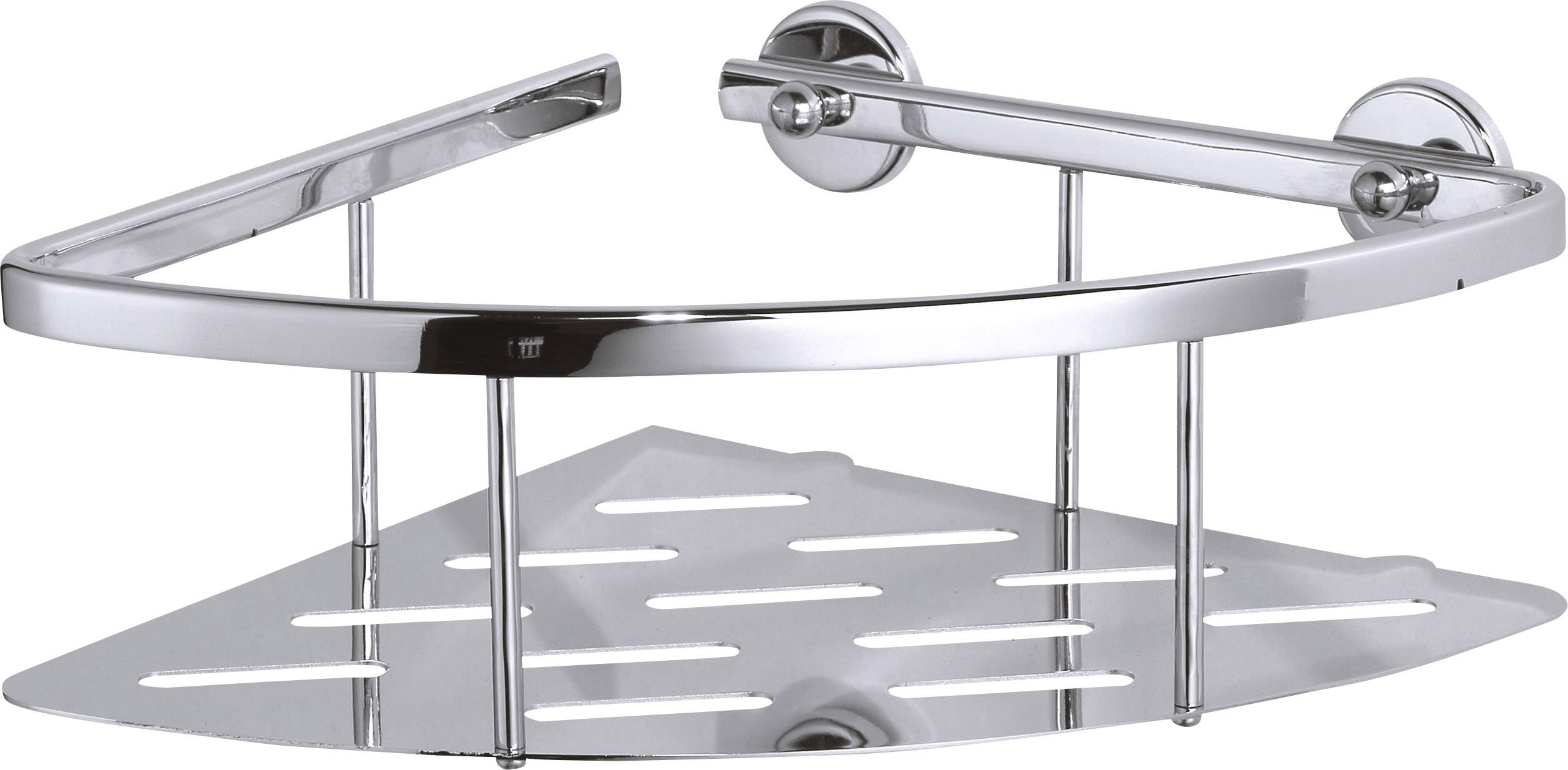 Étagère métallique d'angle pour salle de bain destinée au rangement, avec façade arrondie et fond perforé pour l'écoulement de l'eau, adaptée à une fixation murale.