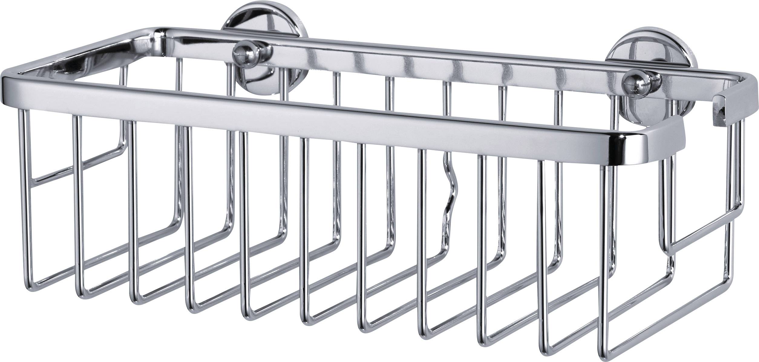 Un panier mural chromé à motif quadrillé pour le rangement, monté sur deux supports circulaires. Idéal pour les produits de salle de bain.