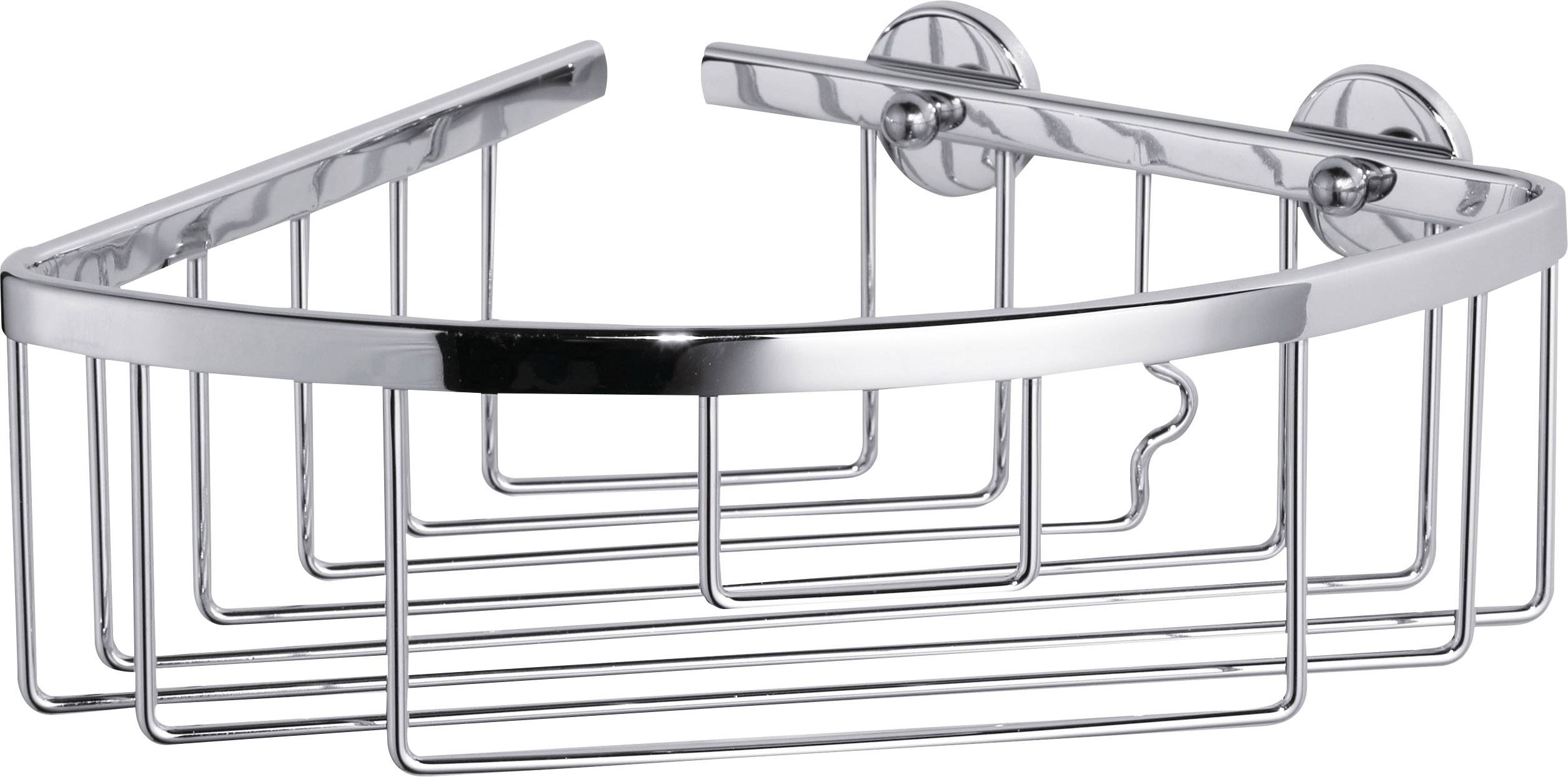 Étagère de douche chromée et angulaire pour montage mural, composée de deux supports et d'un panier grillagé pour accessoires de douche.