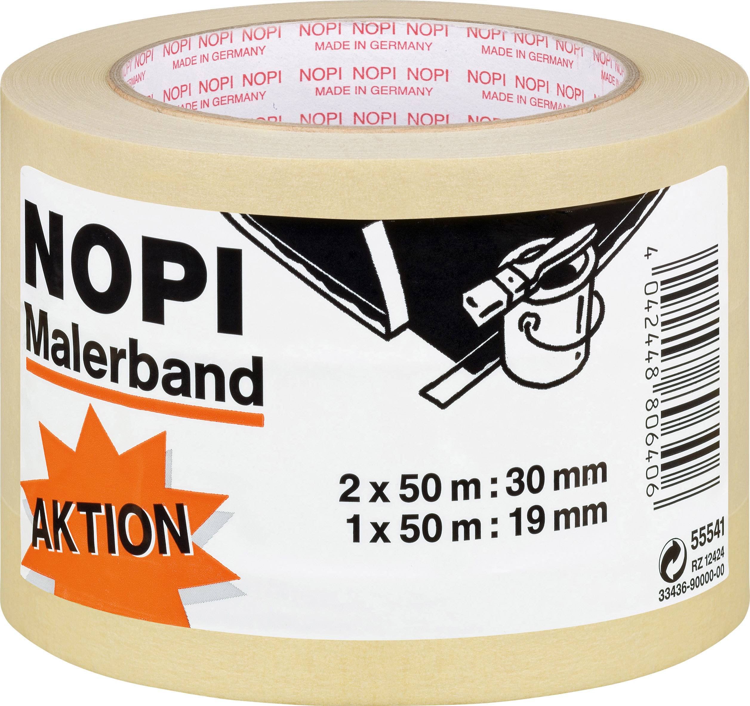 Ruban de peintre NOPI, rouleau beige, avec texte 'AKTION'. Dimensions : 2 rouleaux de 50m x 30mm, 1 rouleau de 50m x 19mm. Fabriqué en Allemagne.
