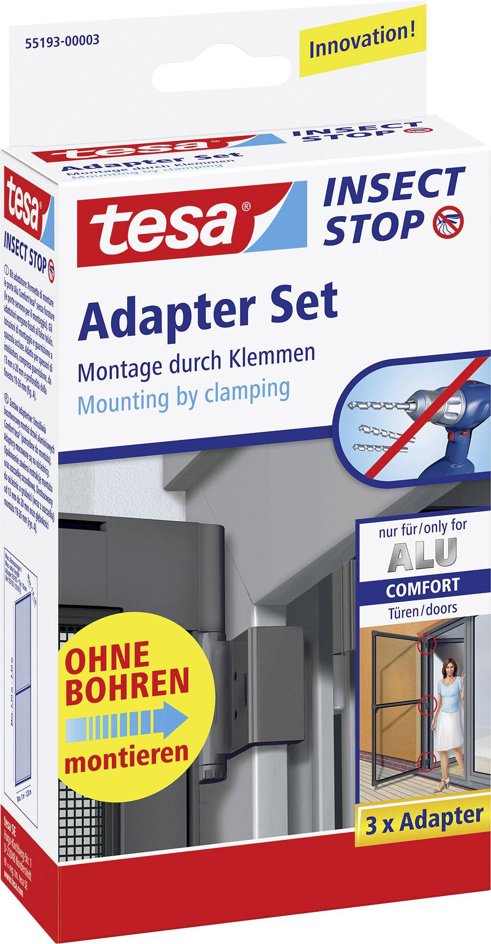 'Emballage d'un adaptateur pour kit anti-insectes Tesa, montage par pincement, adapté aux portes Comfort en aluminium, sans nécessiter de perçage.'