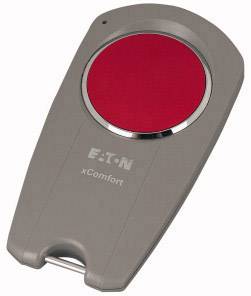 Une télécommande grise avec un grand bouton rouge portant l'inscription 'xComfort'.