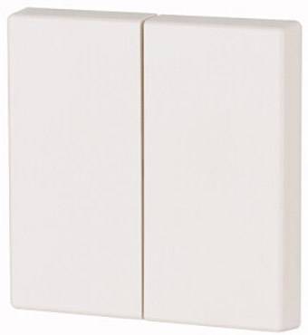 Un interrupteur double, rectangulaire, blanc, en position éteinte, installé sur un mur.