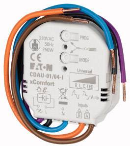 Module électrique avec des câbles colorés, étiqueté 'Eaton', 230VAC, 50Hz, 250W. Symboles pour les entrées, les sorties et les modes de programmation.