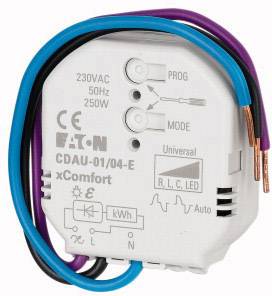 Appareil électronique avec des câbles, conçu pour 230 VAC, 50 Hz, 250 W. Étiqueté 'EATON', il dispose de commutateurs 'PROG' et 'MODE'.