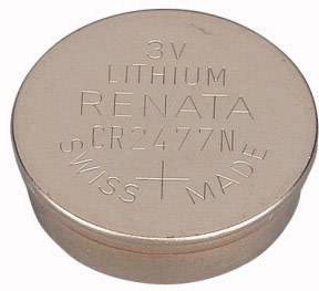Pile bouton avec inscription '3V Lithium Renata CR2477N Swiss Made'.
