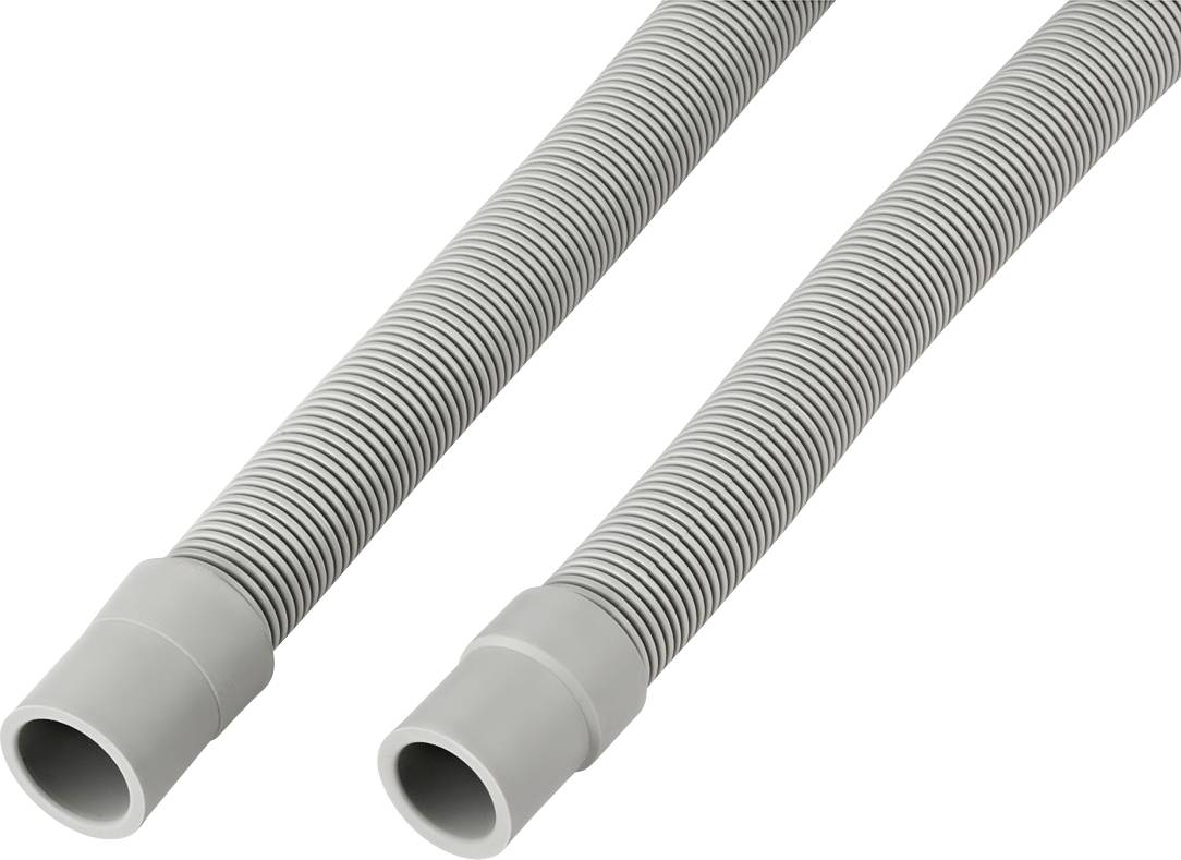 Un tuyau gris flexible avec des cannelures, muni de raccords lisses aux deux extrémités, est posé contre un fond blanc.