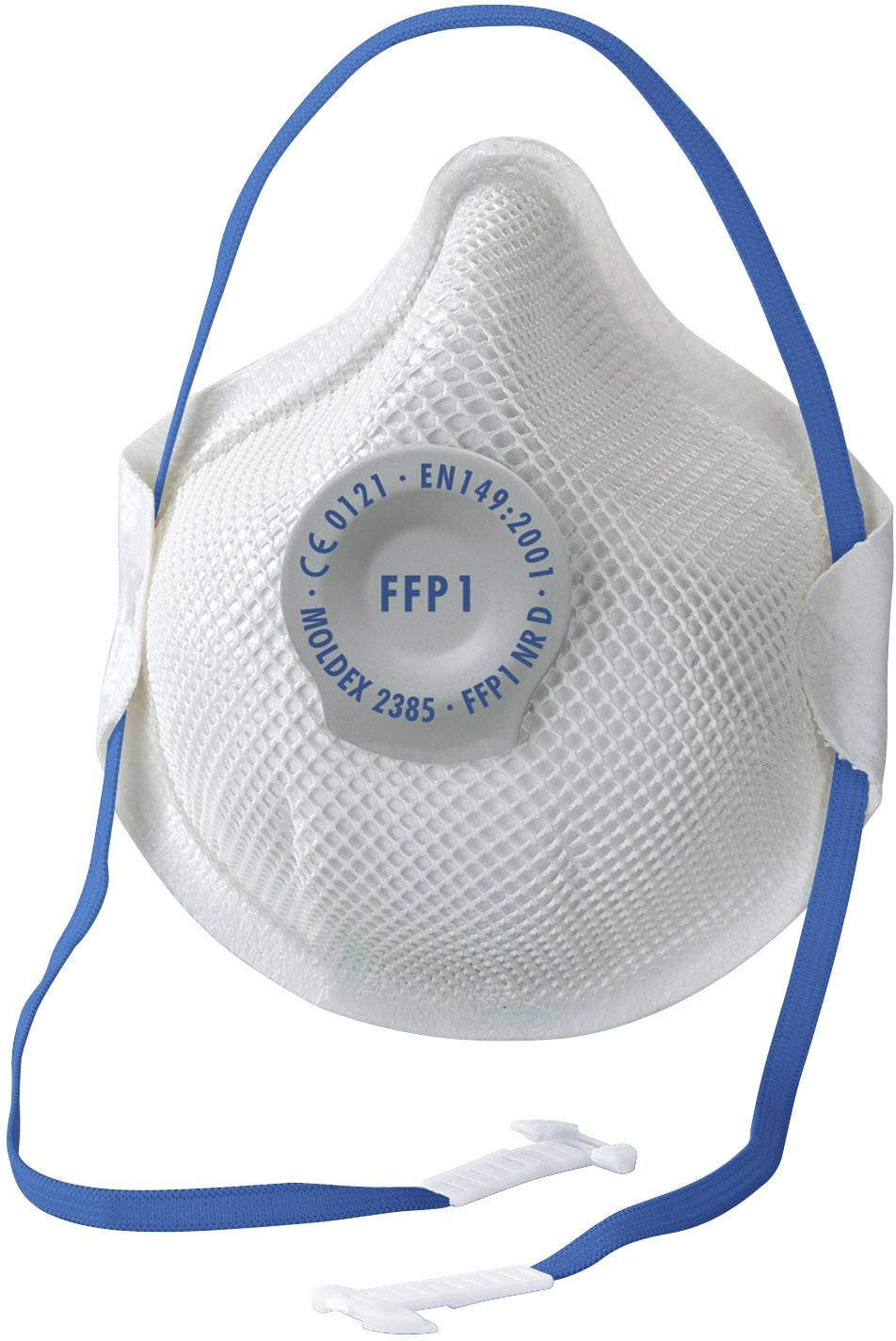 Masque respiratoire FFP1, blanc, avec des élastiques bleus.