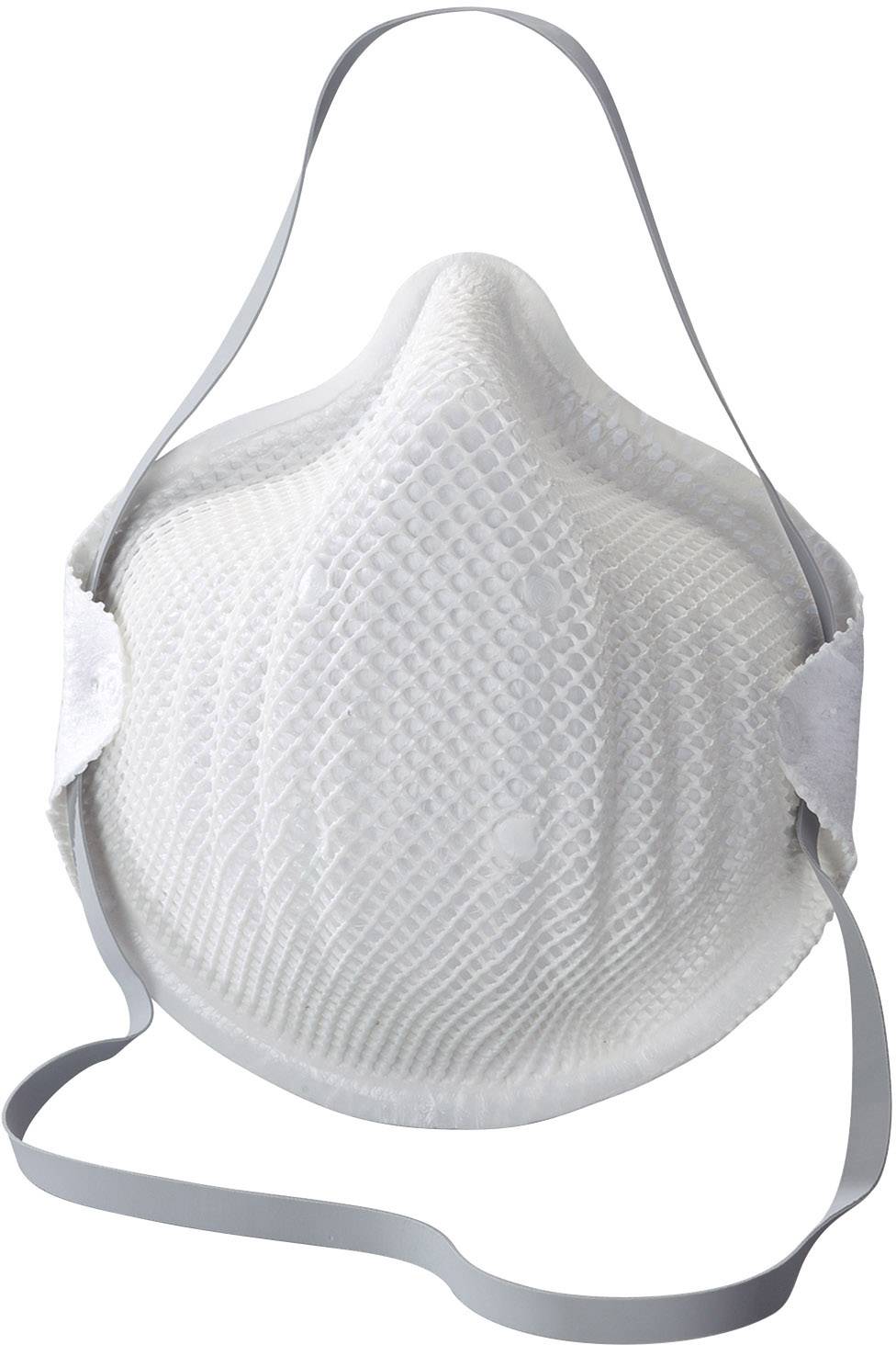 Masque respiratoire blanc avec élastiques, forme convexe ; protection contre les particules dans les environnements industriels ou de chantier.
