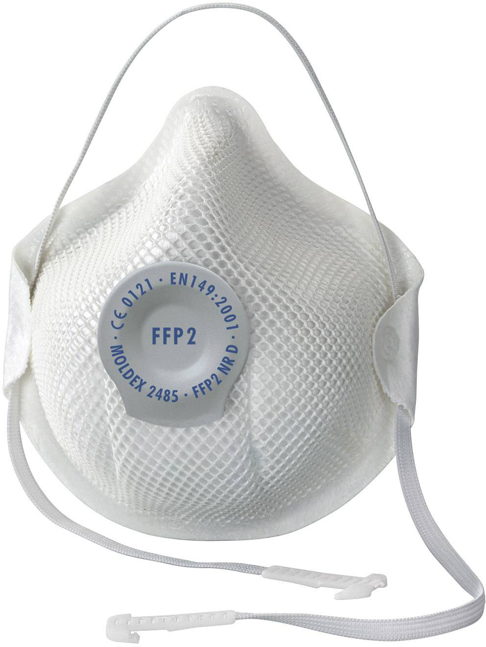 Un masque FFP2 blanc avec des bandes élastiques et l'inscription 'FFP2', adapté pour la protection respiratoire.