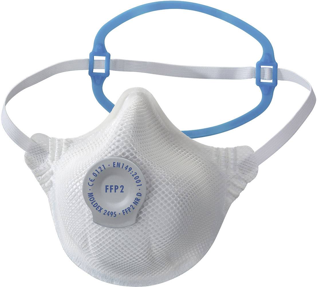 Masque FFP2 blanc avec des élastiques bleus, adapté pour la protection respiratoire, affichant le numéro de modèle et les normes.