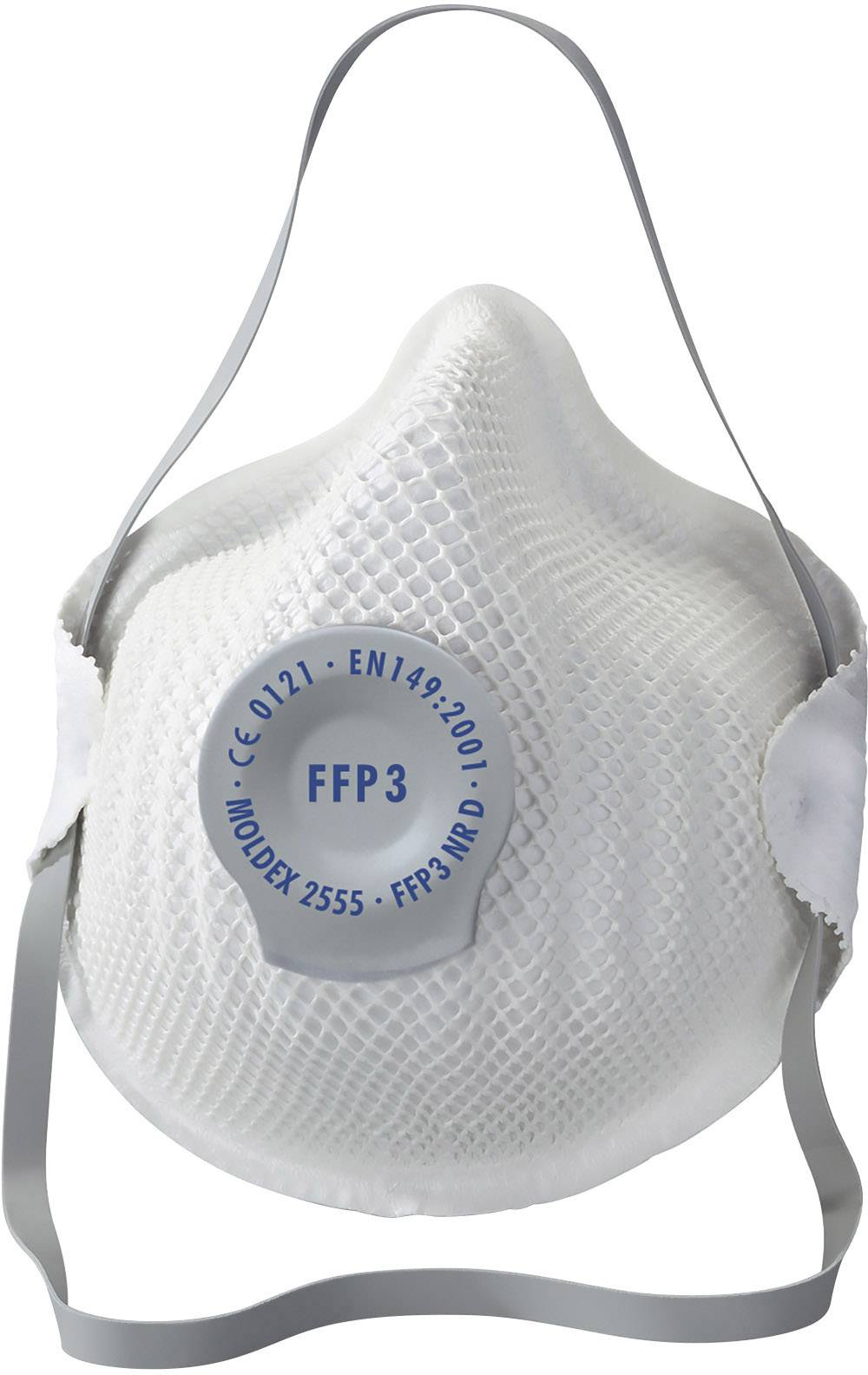 Masque de protection respiratoire FFP3 en gros plan, avec des bandes élastiques et certifié selon la norme EN149:2001, offrant une protection élevée contre les particules.