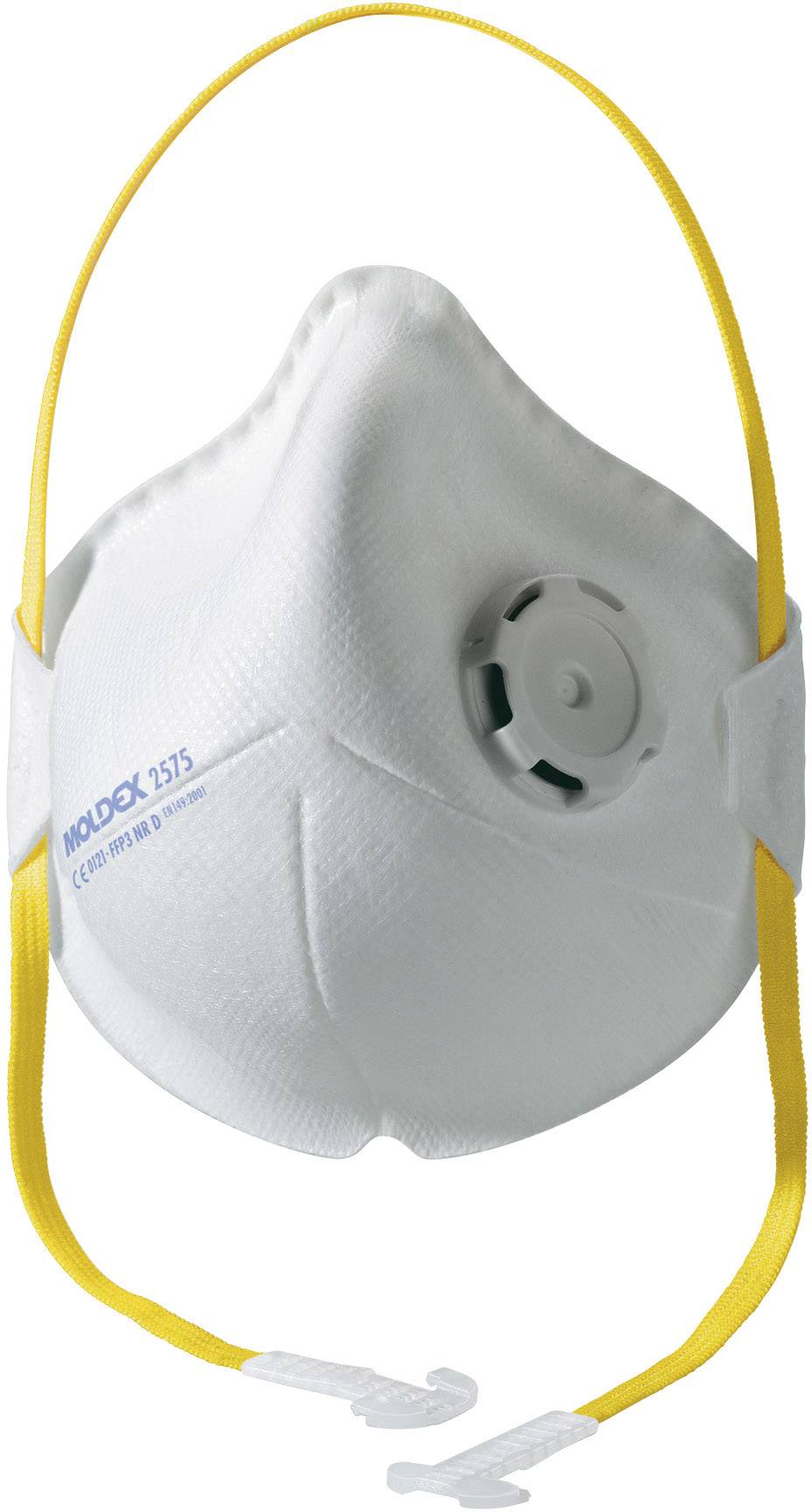 Un masque de protection respiratoire blanc avec des bandes élastiques jaunes et une valve sur l'avant.