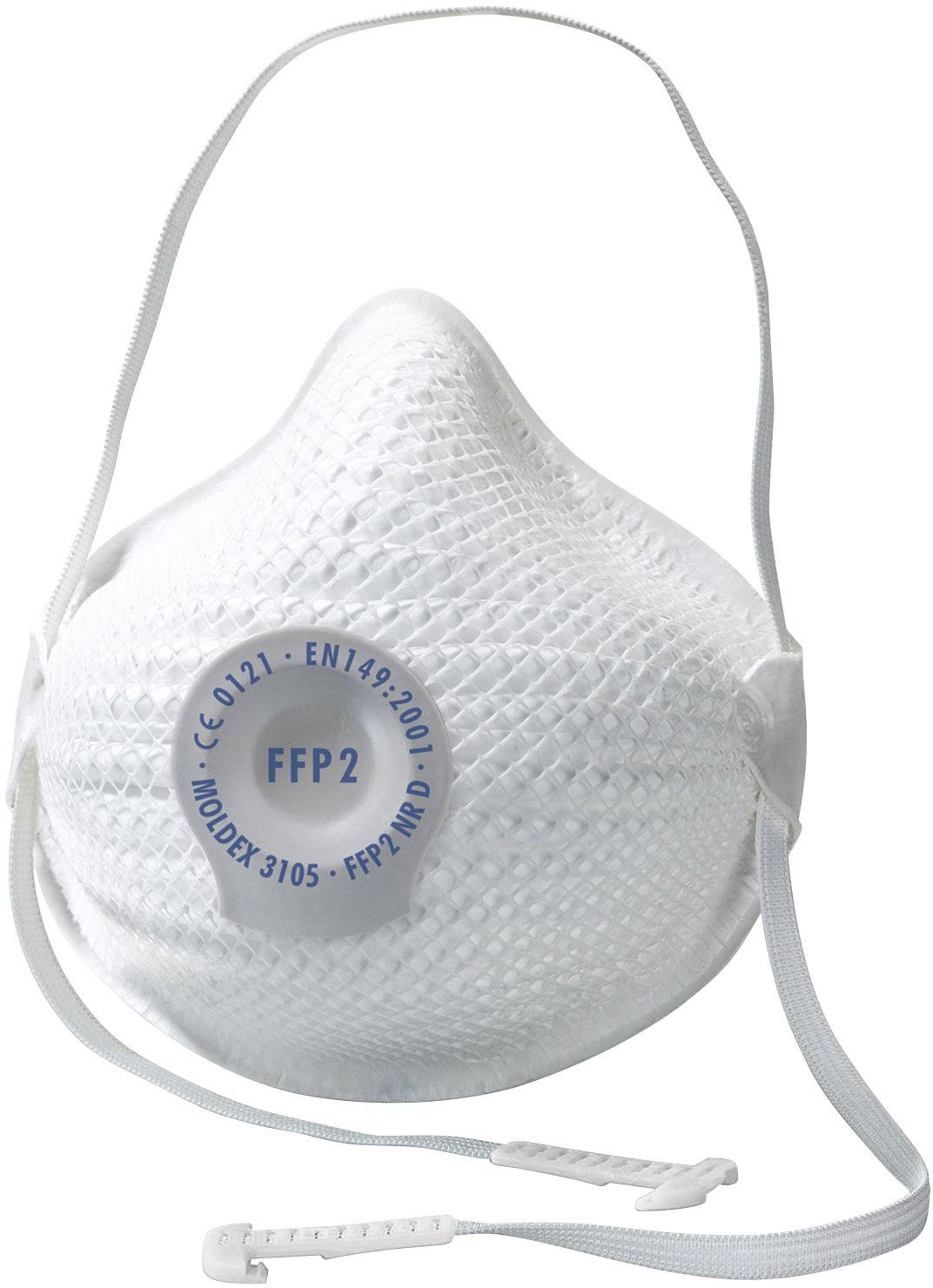 Un masque FFP2 blanc avec des bandes élastiques et l'inscription 'FFP2' sur l'avant. Il est destiné à protéger contre les particules et les aérosols.