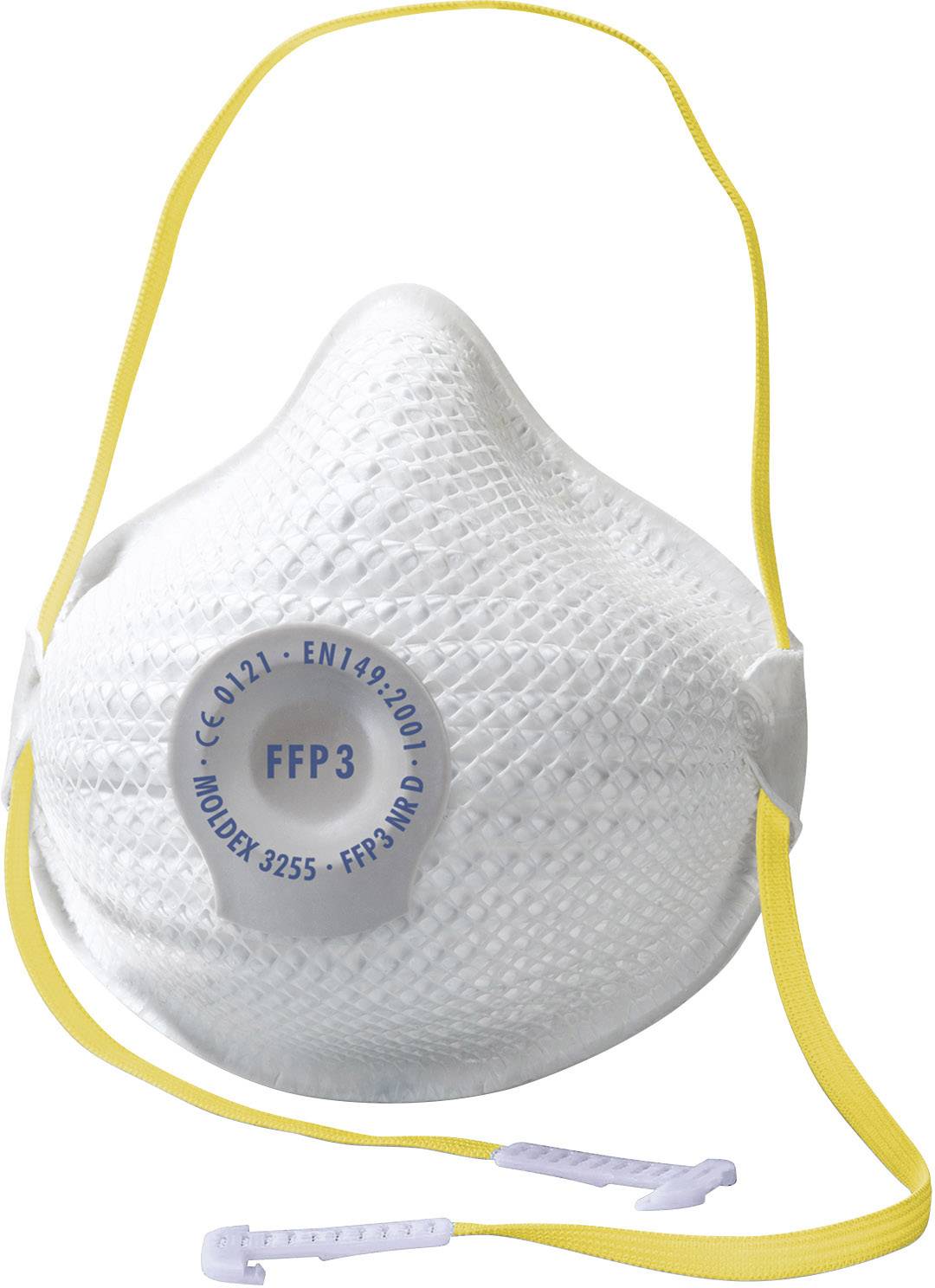 Masque de protection respiratoire FFP3 avec bandes jaunes. Offre une protection élevée contre les particules. Adapté aux applications médicales et industrielles.