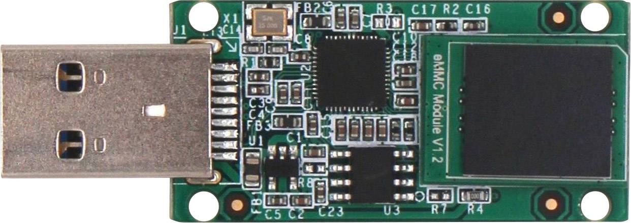 Circuit électronique avec une fiche USB, des circuits imprimés et plusieurs circuits intégrés, possiblement un périphérique de stockage.