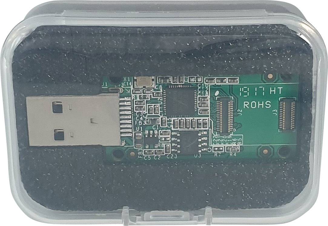 Un adaptateur d'interface USB dans un boîtier en plastique, utilisé dans des projets électroniques. Texte sur l'adaptateur : '1917HT ROHS'.