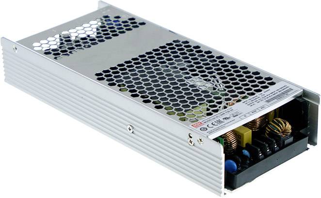 Boîtier d'une alimentation à découpage avec grille de ventilation et composants électroniques visibles.