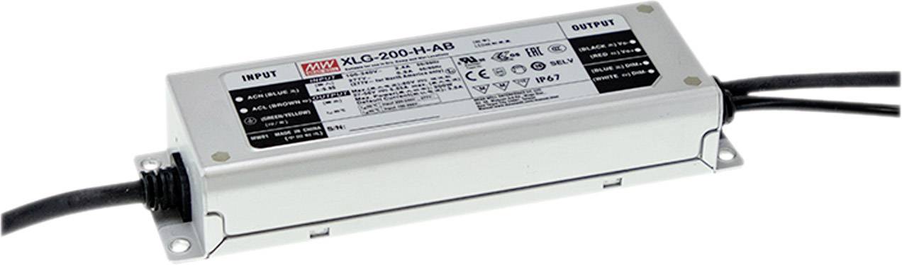 Bloc d'alimentation portant le numéro de modèle 'XLG-200-H-AB', montrant les câbles d'entrée et de sortie, avec les spécifications techniques visibles sur l'étiquette.