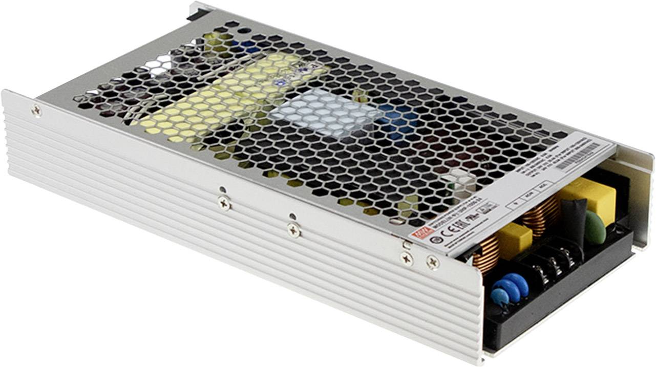 Bloc d'alimentation à découpage dans un boîtier métallique rectangulaire avec grille de ventilation. Composants électroniques visibles tels que condensateurs et bobines.