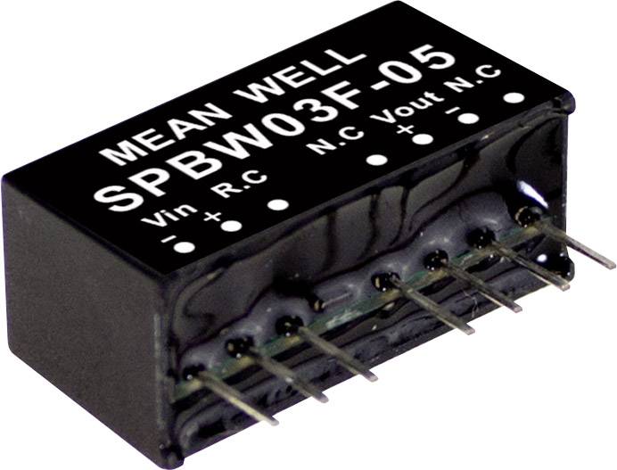 Un composant électronique noir portant l'inscription 'MEAN WELL SPBW03F-05'. Plusieurs broches de connexion sont visibles.