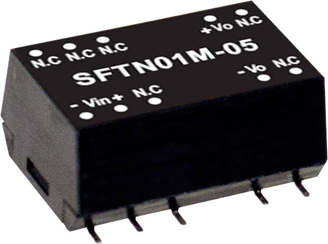 Un composant électronique, identifié par 'SFTN01M-05', avec six broches de connexion au bas. Étiquettes : '+Vo', '-Vo', '+Vin', '-Vin', 'N.C.'.