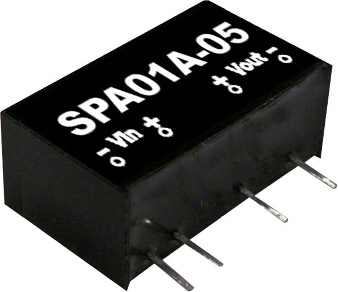 Convertisseur de tension électronique noir et blanc portant l'inscription 'SPA01A-05', indiquant l'entrée 'Vin' et la sortie 'Vout'.