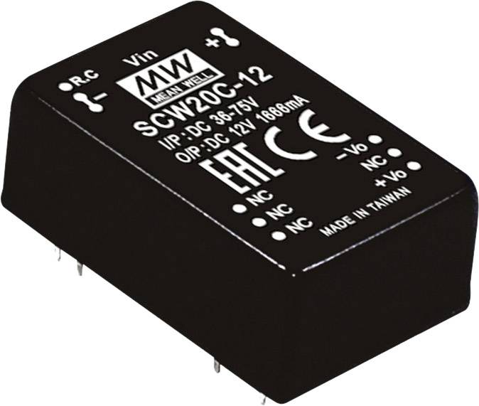 Un convertisseur de tension noir portant l'étiquette 'Mean Well, SCW20C-12'. Entrée : 9-36V DC, Sortie : 12V DC, 1666mA.