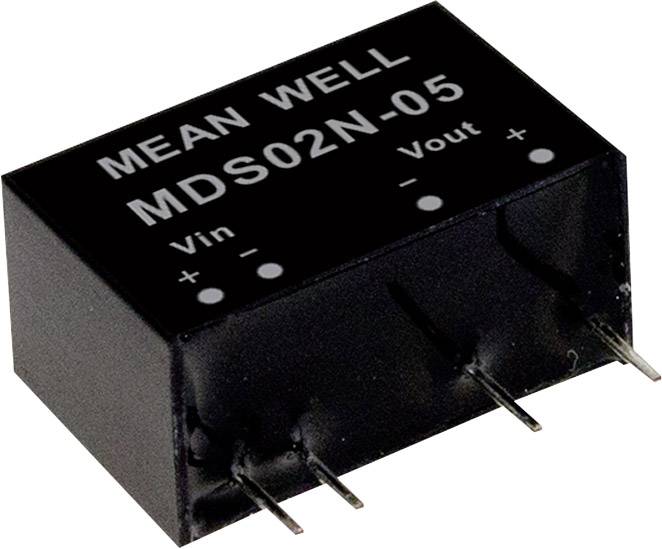 Convertisseur de courant MEAN WELL MDS02N-05, boîtier rectangulaire, trois broches en bas avec des étiquettes pour Vin, Vout, polarité +/–.