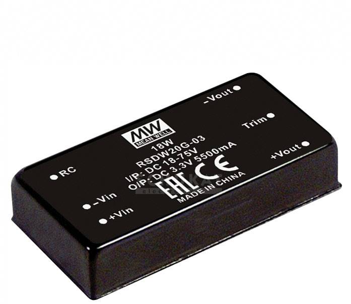 Convertisseur CC-CC rectangulaire de Mean Well, numéro de modèle RSDW20G-03, puissance de 18W, entrée : CC 3-32V, sortie : 3,3V, 5500mA.