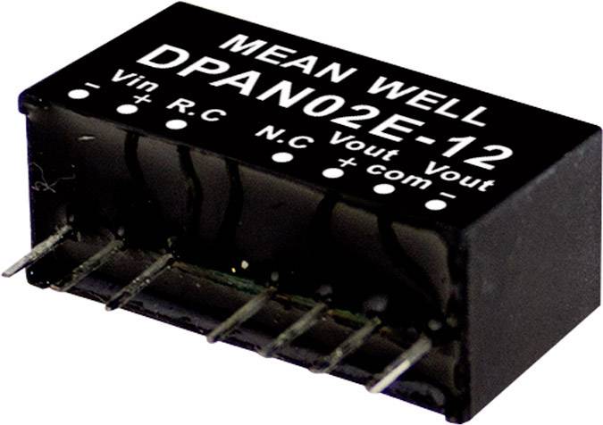 Convertisseur de tension compact de 'MEAN WELL', modèle 'DPAN02E-12', avec connexions d'entrée et de sortie situées sur la face inférieure.