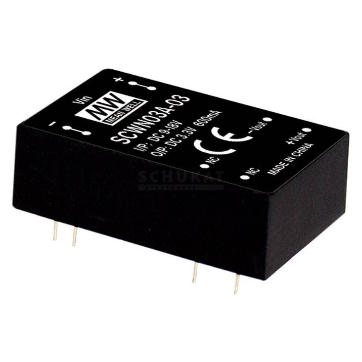 Un composant électronique rectangulaire noir portant l'étiquette 'Mean Well SGVN03A-C3', affichant des informations et des spécifications de produit.