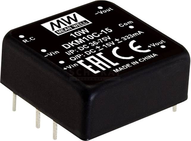 Module électronique noir portant l'inscription 'MEAN WELL 10W DKM10C-15'. Montre les entrées et sorties. Marquages EAC et CE présents.
