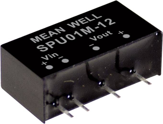 Régulateur de tension MEAN WELL SPU01M-12 : Boîtier rectangulaire noir avec quatre broches en bas. Vin, Vout et polarité marqués.