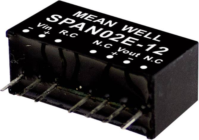 Composant électronique noir portant l'inscription 'MEAN WELL SPAN02E-12'. Broches sur la face inférieure pour la connexion dans des circuits électriques.