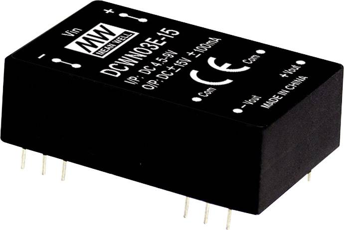 Un convertisseur DC/DC rectangulaire de Mean Well, numéro de modèle DCMW03E-15, plage d'entrée de 4,5-9V et sortie de 15V à 100mA.
