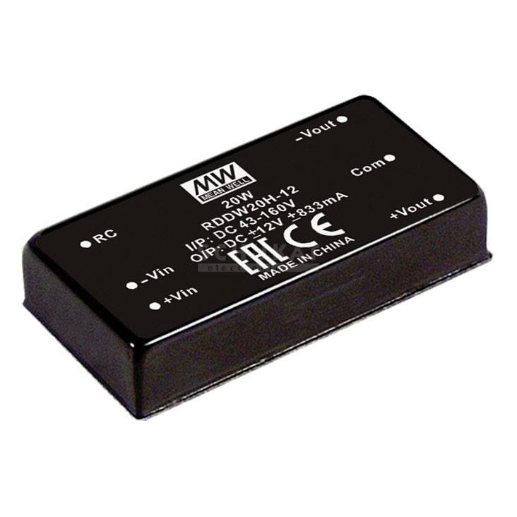 Convertisseur de tension continue, modèle 'RDD20H-12', 20W, tension d'entrée 4,5-18V, sortie 12V à 333mA, boîtier noir, marqué CE.