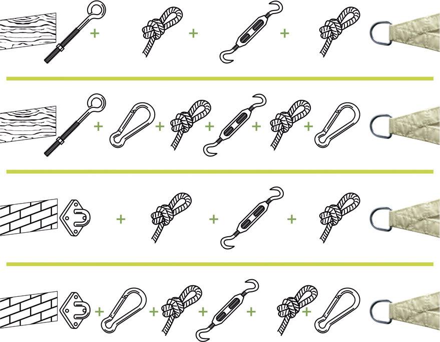 Instructions pour fixer une corde : fixation sur bois/métal avec mousqueton, corde, tendeur et crochet à l'extrémité.
