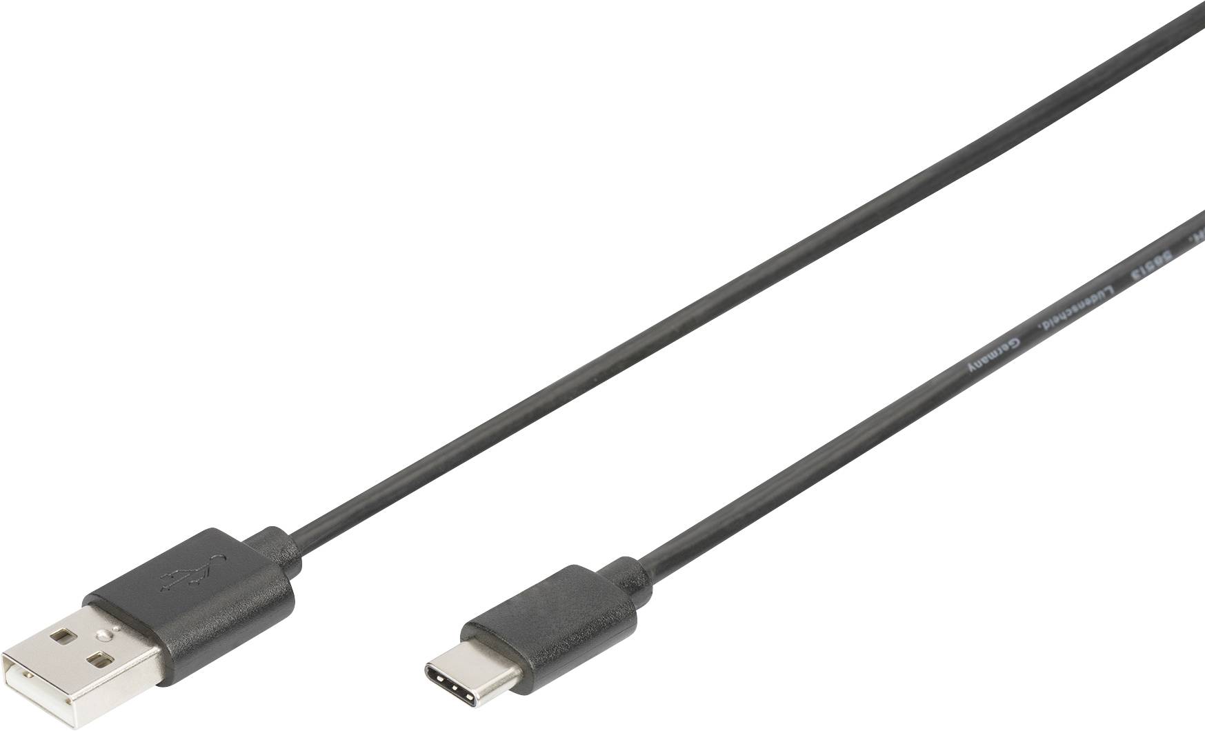Un câble USB noir avec une fiche USB-A d'un côté et une fiche USB-C de l'autre repose sur un fond blanc.