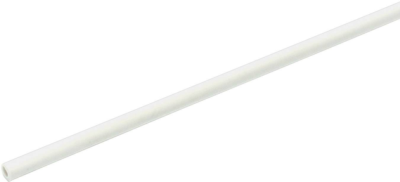 Une longue tige en plastique blanche repose en diagonale sur un fond blanc. La tige a une section circulaire.