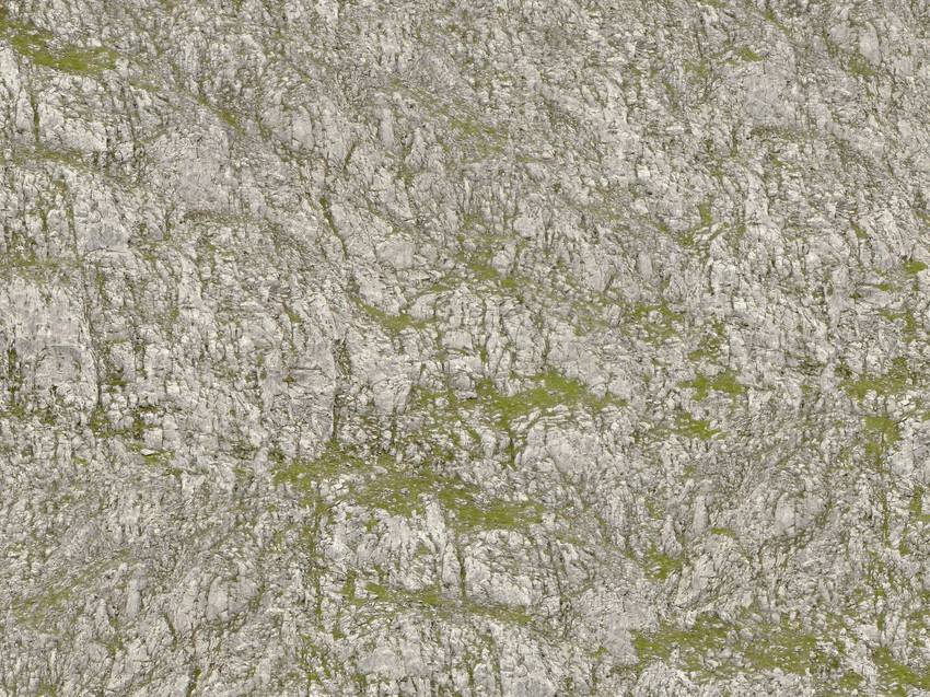 Une surface rocheuse aux formes irrégulières, parsemée par endroits de mousse ou d'herbe.
